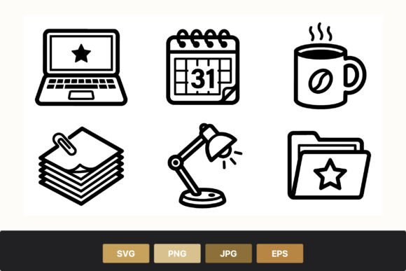 Black and White Office Icons Set: Graphics & Illustrations