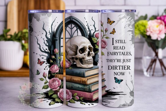 Gothic Skull Books Roses Skinny Tumbler Graphics