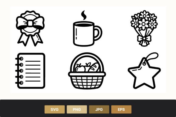 Line Art Ribbon Coffee Bouquet Icons: Graphics & Illustrations